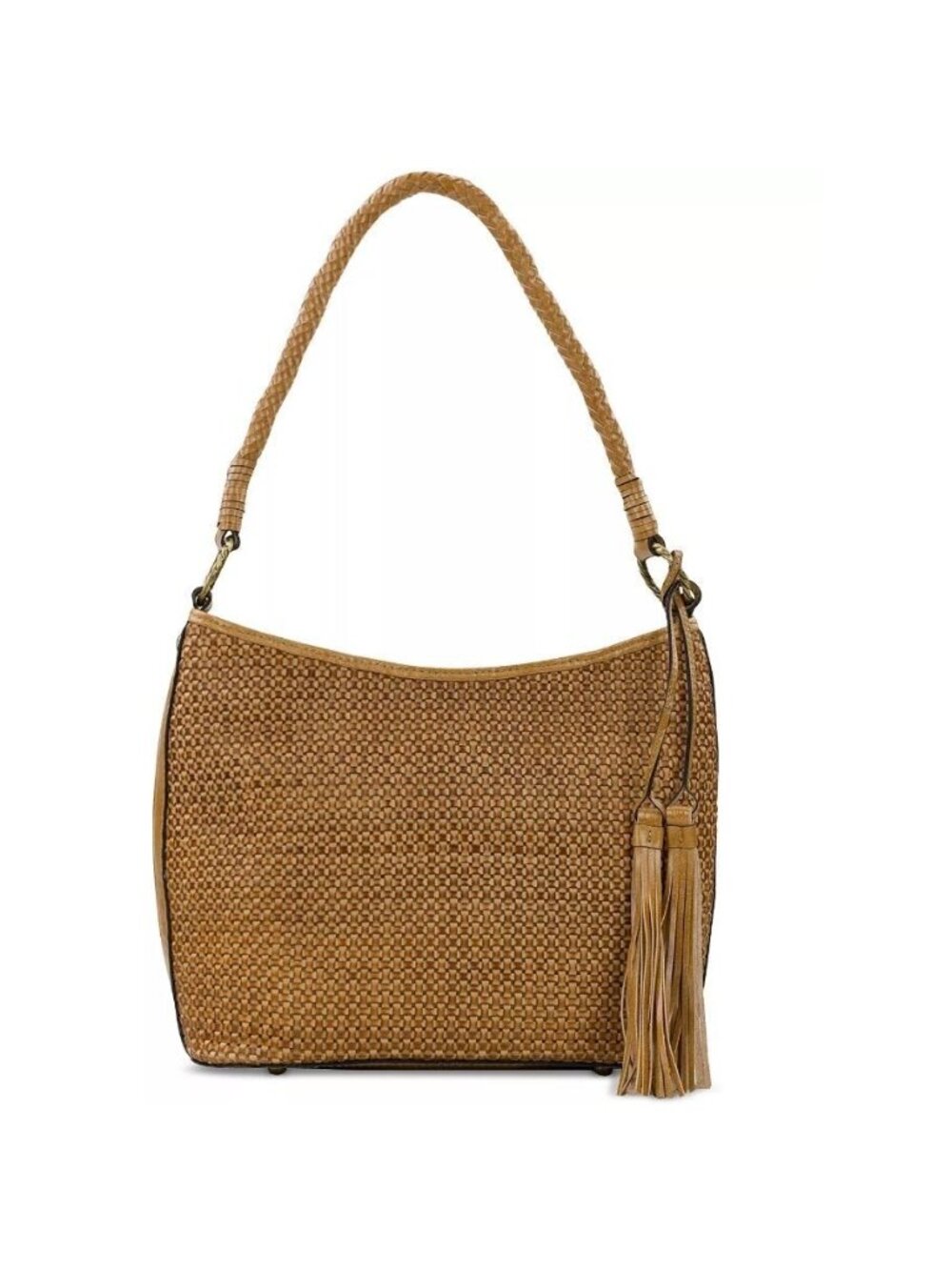 PATRICIA NASH Castelli woven leather tassel shoulder hobo bag in Tan/Brown